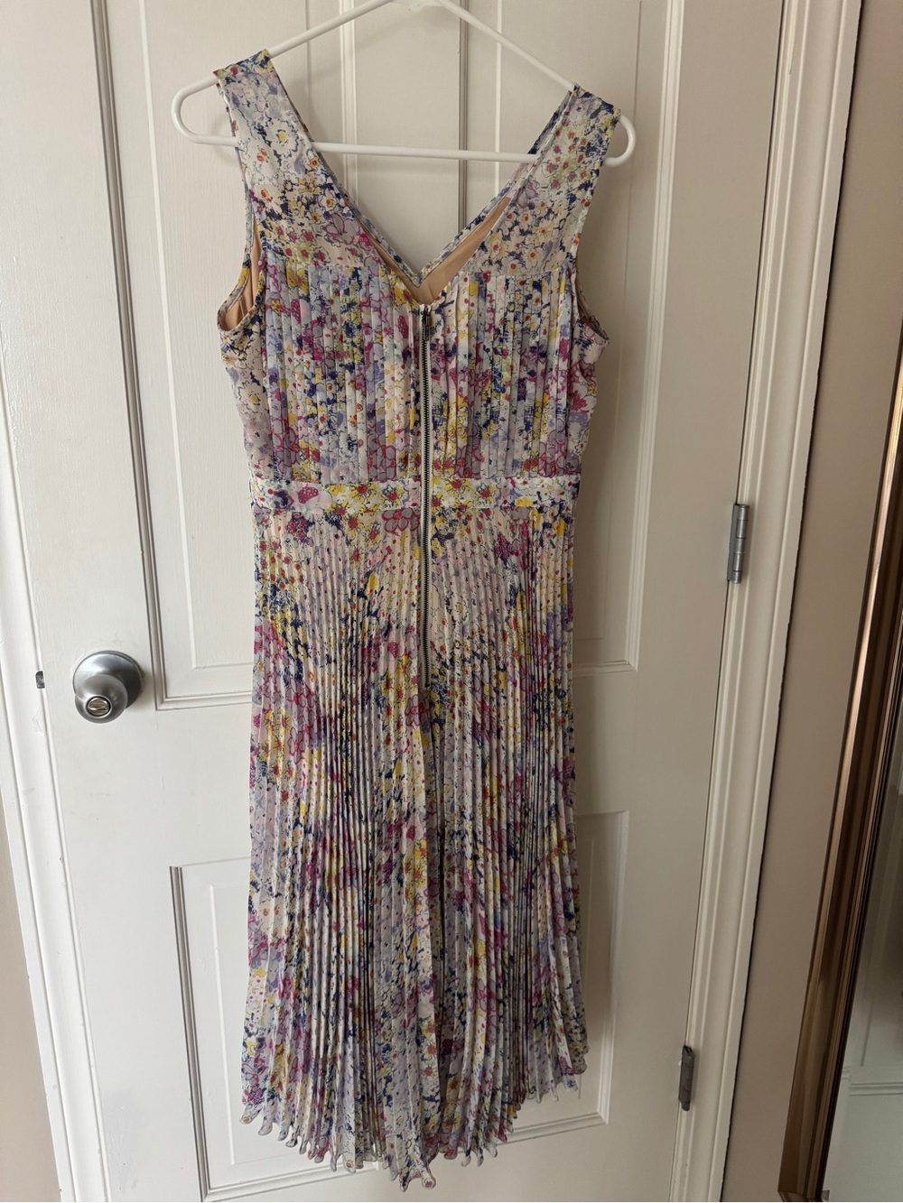 Tracy Reese Floral Pleated Midi Dress in White, Yellow, Pink, Blue